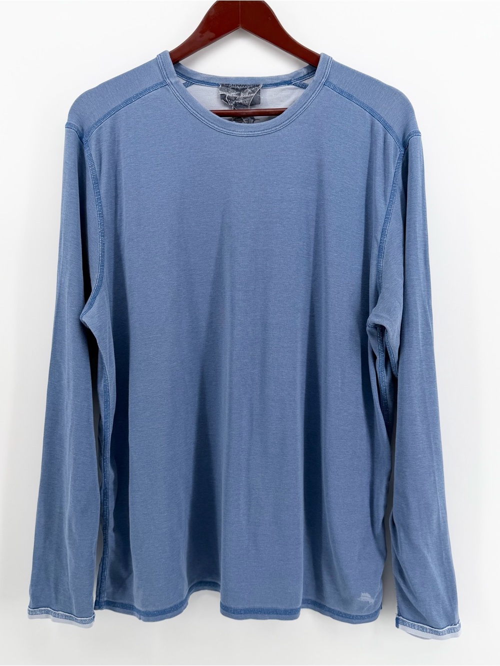 Tommy Bahama Mens L Long Sleeve Shirt Crew Neck Slate Blue Flatlock Stitch Tee